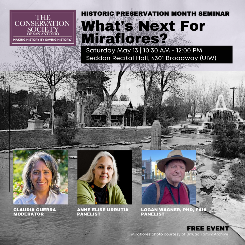 Historic photo of Miraflores sculpture garden with photos of speakers Claudia Guerra, Anne Elise Urrutia, and Logan Wagner, PhD, FAIA