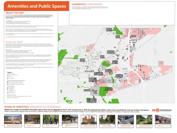Focus Areas and Amenities & Public Spaces Using the interactive map please select the appropriate pin and place it (drag and drop) on the map where you would like to see that type of amenity or public space feature. The map depicts the boundary for the entire Fort Sam Houston Area Regional Center. You may zoom into the map and place pins anywhere within the Plan Area and share your thoughts by typing in the comments section.
