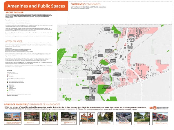 Áreas de enfoque servicios y espacios públicos Usando el mapa interactivo seleccione el pin apropiado y colóquelo (arrastrar y soltar) en el mapa donde le gustaría ver ese tipo de servicio o función de espacio público. El mapa muestra el límite de todo el Centro Regional del Área de Fort Sam Houston. Puede hacer zoom en el mapa y colocar marcadores en cualquier lugar dentro del Área del plan y compartir sus pensamientos escribiendo en la sección de comentarios.