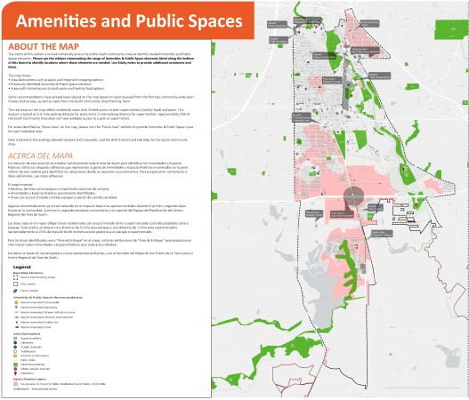 Áreas de enfoque servicios y espacios públicos Usando el mapa interactivo seleccione el pin apropiado y colóquelo (arrastrar y soltar) en el mapa donde le gustaría ver ese tipo de servicio o función de espacio público. El mapa muestra el límite de todo el Plan del Área Comunitaria South. Puede hacer zoom en el mapa y colocar marcadores en cualquier lugar dentro del Área del plan y compartir sus pensamientos escribiendo en la sección de comentarios.