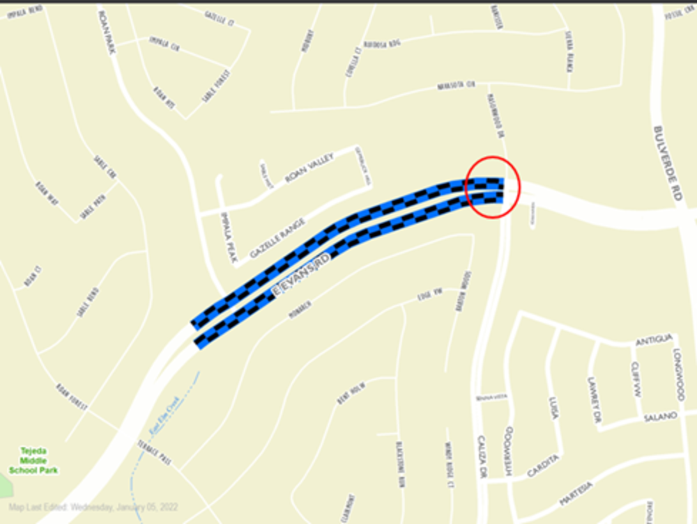 プロジェクトの場所を示す赤い円が付いた East Evans Rd と Masonwood Dr の地図。