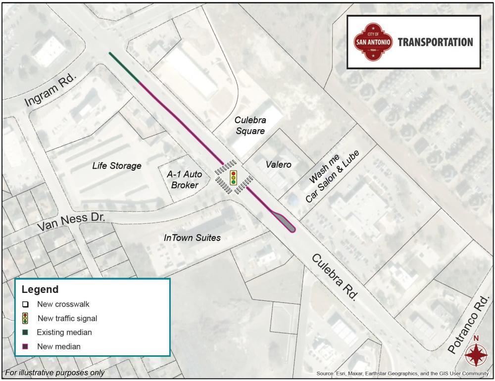 image of Culebra Road at Van Ness, displaying new traffic signal, crosswalk, and medians