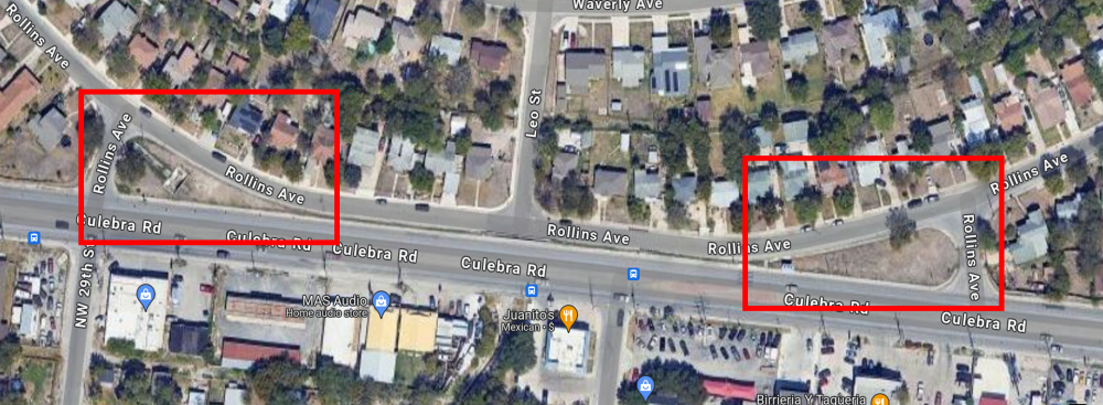 This image shows an aerial view of Culebra Rd and Rollins Ave. Two red rectangles indicate project site locations.
