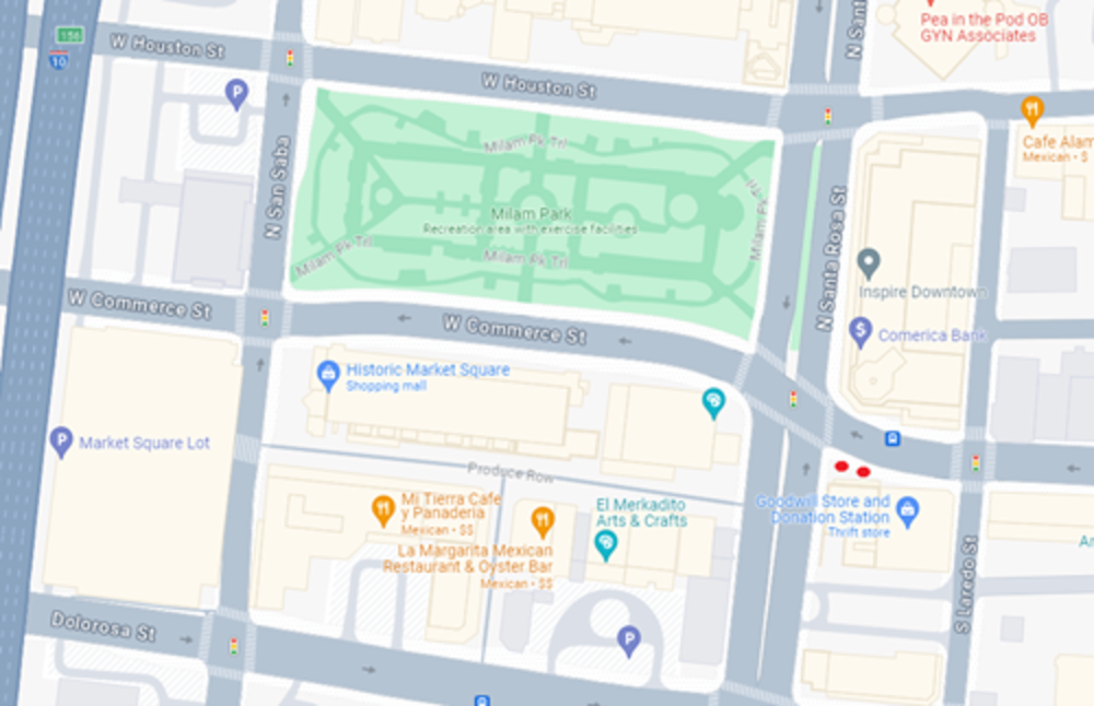 彫刻の場所を示す地図。赤い円は、コマース ストリートの南側、グッドウィル ストアの前のプロジェクト サイトの場所を示しています。