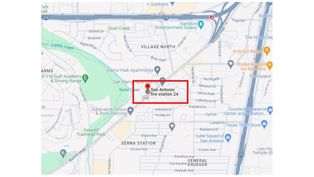 Map of Fire Station 24. A red circle indicates the project site location at 2265 Austin Highway