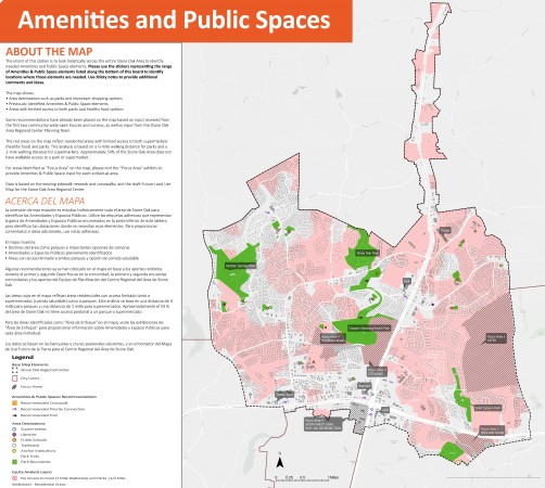 Áreas de enfoque servicios y espacios públicos Usando el mapa interactivo seleccione el pin apropiado y colóquelo (arrastrar y soltar) en el mapa donde le gustaría ver ese tipo de servicio o función de espacio público. El mapa muestra el límite de todo el Centro Regional del Área de Stone Oak. Puede hacer zoom en el mapa y colocar marcadores en cualquier lugar dentro del Área del plan y compartir sus pensamientos escribiendo en la sección de comentarios.