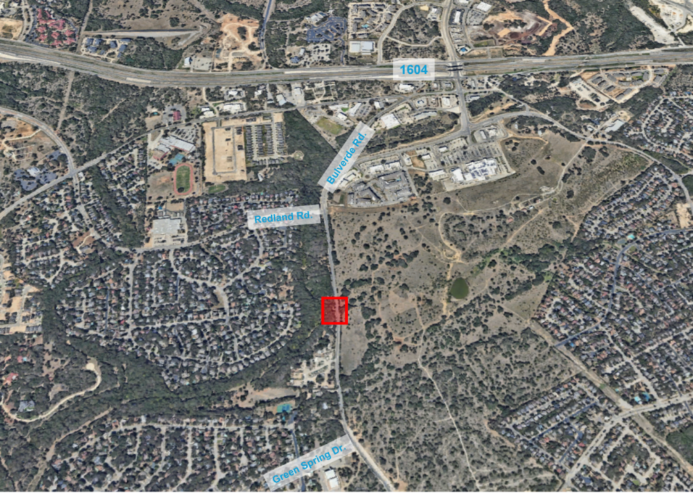 Bulverde Rd の航空地図。赤い四角がプロジェクト サイトの場所を示しています。