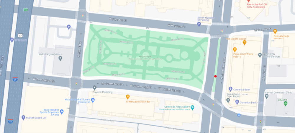 조각품 위치 지도입니다. 빨간색 원은 West Commerce Street와 North Santa Rosa Street의 북쪽 중앙에 있는 프로젝트 현장 위치를 나타냅니다.