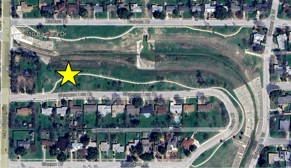 This photo shows a view of Barbara Drive Park. A yellow star indicates the project site location at 210 Barbara Dr, San Antonio, TX 78216.