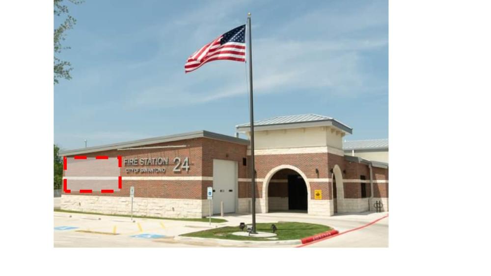 This photo shows the front of Fire Station 23 from Street view. There is a red square showing the three-dimensional mural location. 