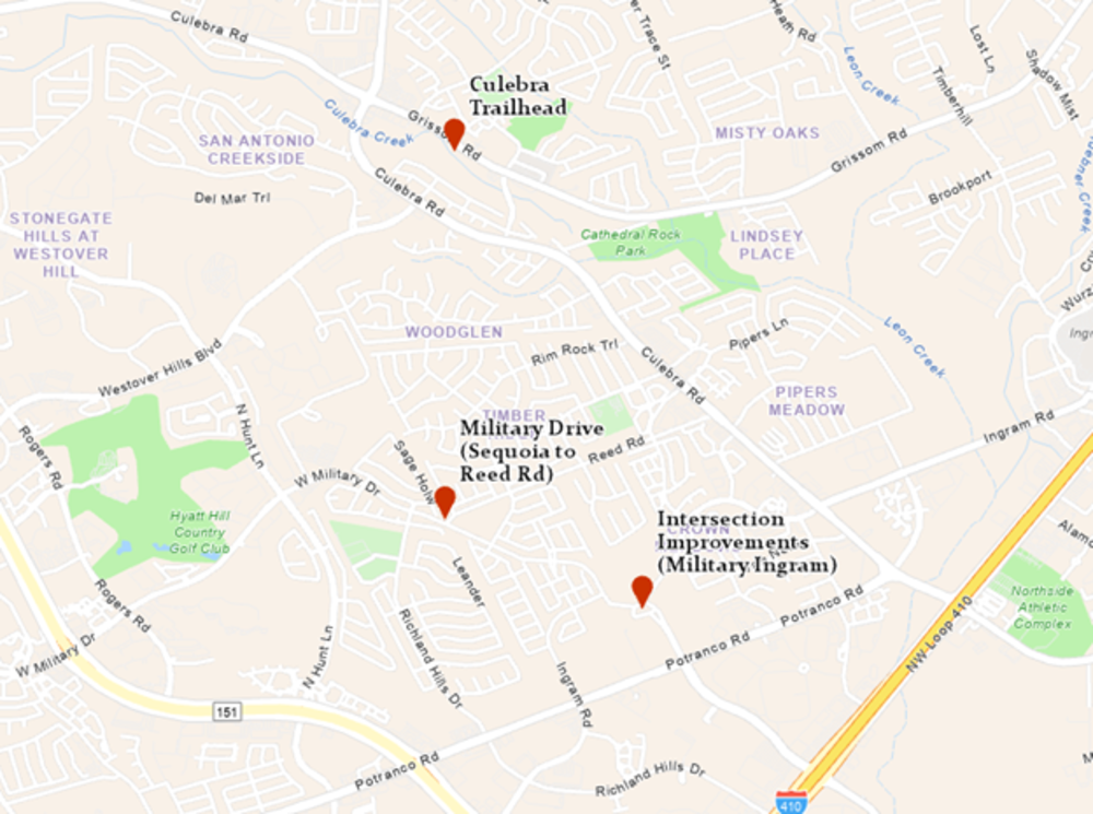Esta foto muestra un mapa de las mejoras de la intersección (Military Ingram), Military Dr (Sequoia a Reed Rd) y Culebra Trailhead con marcadores rojos para indicar las ubicaciones de los sitios del proyecto.