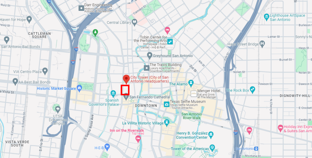 This photo shows a map of downtown San Antonio. A red rectangle indicates the project site location at 60 N. Flores Street.