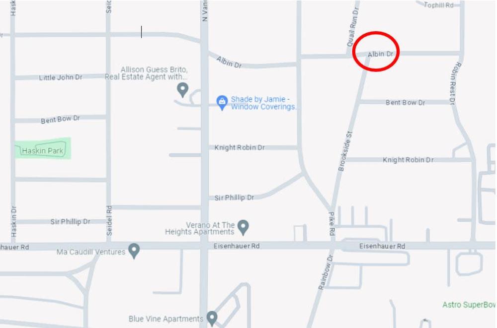 Bản đồ khu phố hiển thị Albin và Brookside được biểu thị bằng vòng tròn màu đỏ.