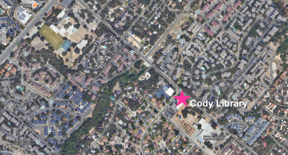 Aerial map indicating Cody Library location with a pink star.