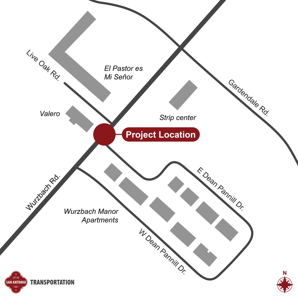 map indicating location of Pedestrian Hybrid Beacon at Wurzbach road and dean pannill