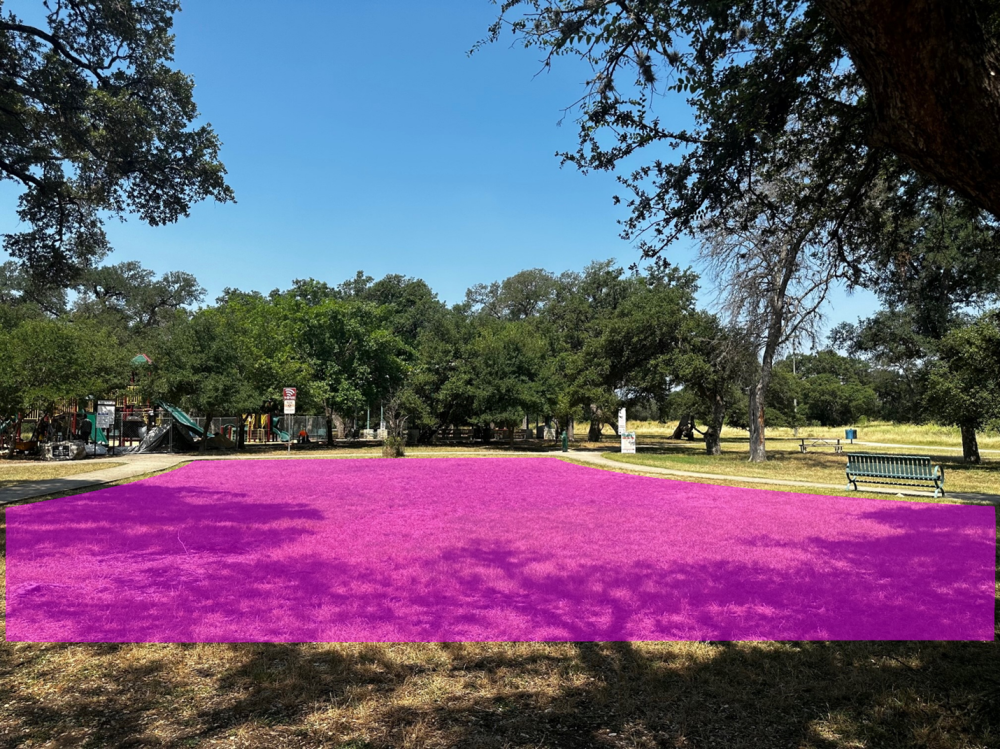 This photo shows the site from Street view. There is a pink shape showing the sculpture location. 